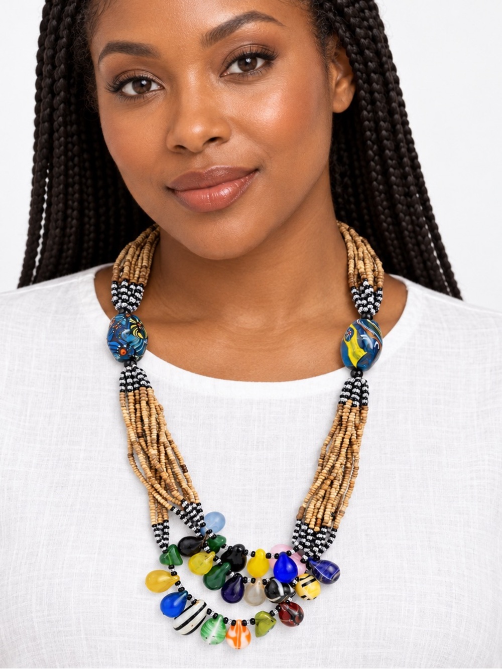 Artisan Multistrand Wood Bead Lampwork Glass Fringe Boho Statement Necklace